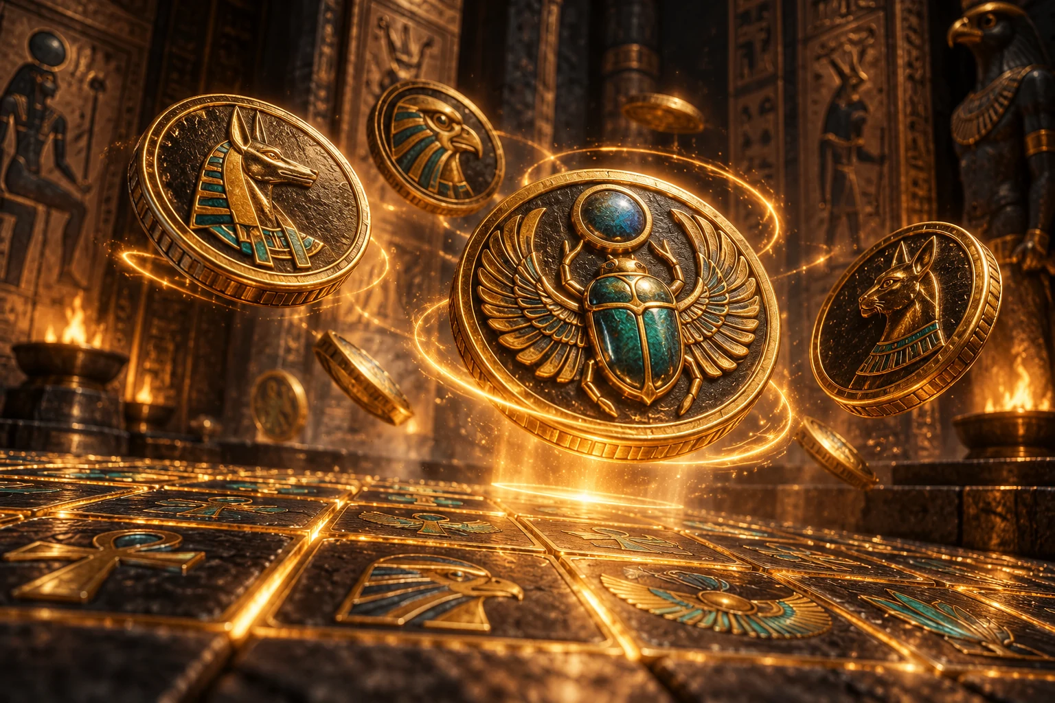 Numbered Reel of Ra Coins displayed in the Egyptian bonus cabinet