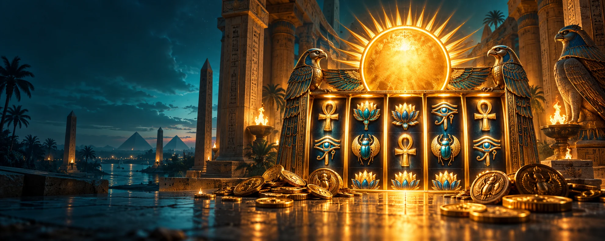 Reel of Ra Rules and Bonus Structure showing Egyptian reels, gold symbols and the feature interface